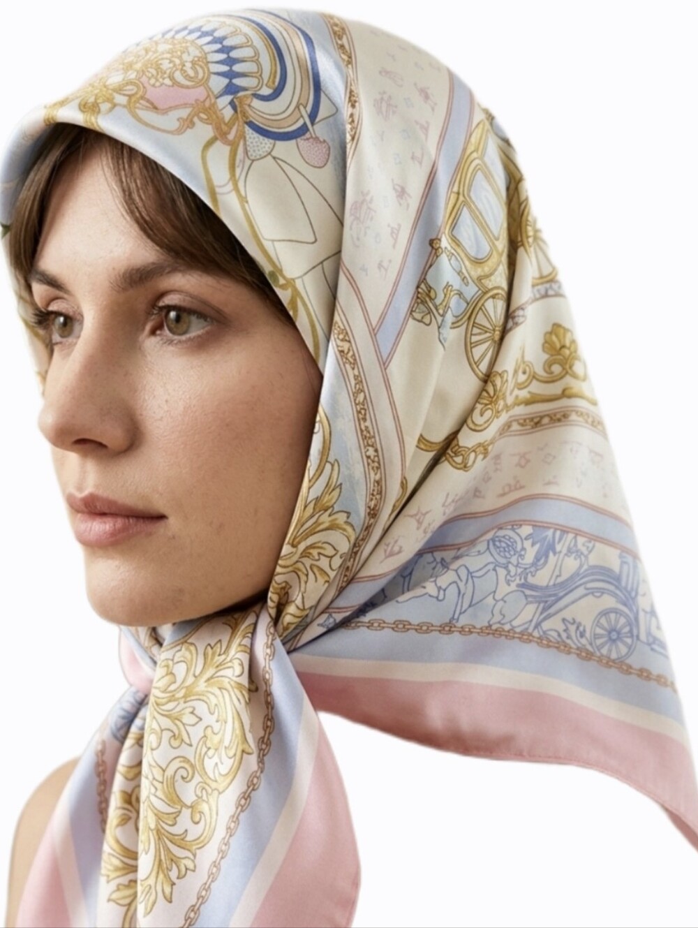 Silk-Feel Patterned Square Headscarf in Pink, Cream and Blue - Picture 2 of 2